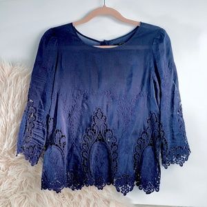 Anthro Dolce Vita Silk Blouse Women’s Small Navy Blue Lace Edge Cotton Blend